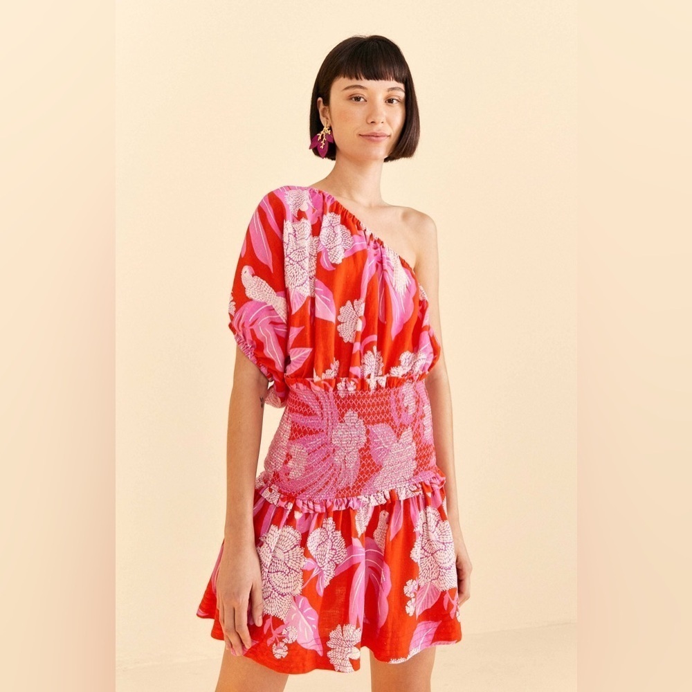 Farm Rio Women's L Red & Pink Dewdrop Floral One-Shoulder Dress Party/Cocktail